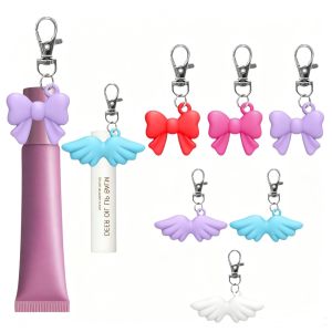 Silicone Lip Gloss Keychain CapBow&Heart&Lips&Angel Wing ShapesLip Balm Keychain Cap Bag Pendant Key Ring Lipstick Storage Cap