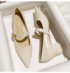 Womens Leather Mary Jane Shoes Medium Heel Chunky Heel Pointed Toe Spring Autumn New Style French One-Strap Single Shoes