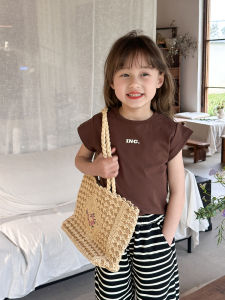 Korean Style Letter Print Short Sleeve Vest Childrens Summer T-Shirt Baby Girls Base Layer Shirt Loose Fit Cotton Fabric