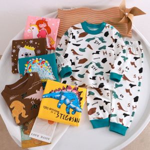 TINGQI Newborn Baby Kids Boys Clothing Sets Bear Monkey Cute Animals Print Child Autumn Winter Spring Sleeping Wear Soft T-shirts Pants Trousers Clothes For 0 1 2 3 4 5 6 7 Years