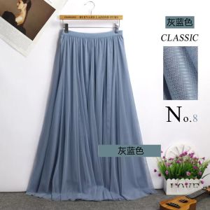 Elegant A-Line Midi Skirt for Women Mesh Fairy Tale Style High Waist Slimming Spring Summer Fashion Polyester Long Skirt