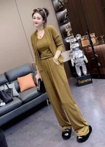Fashionable Three-Piece Long Sleeve Open Cardigan Jacket + Tank Top + High Waist Wide Leg Pants Set Autumn Wear European Style