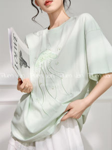 PlumJan | Summer Elegant Loose Off-shoulder Pearl Embroidery Crewneck T-Shirt