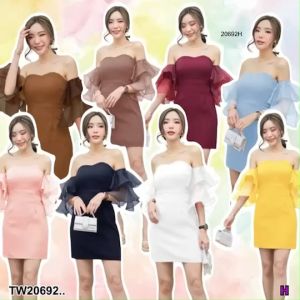 TW20692  เดรสปาดไหล่แขนผ้าแก้ว ..