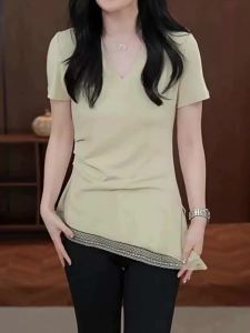 V-neck Short Sleeve Mesh Hem Waist-cinching Slimming T-shirt