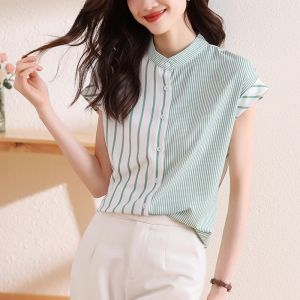 WANGGONGZHU | Womens Casual Stripe Chiffon Shirt Summer 2025 New Fashion Loose Korean Style Short Sleeve Stand Collar Top Princess Style