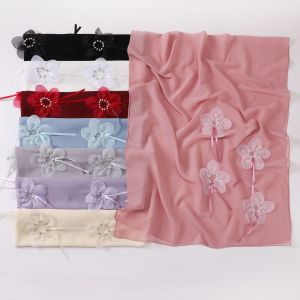 Jifang 2025 New Design Handmade Bling Rhinestones Pearls Big Flowers with Silk Ribbon Plain Bubble Chiffon Pashmina Shawl Head Scarf Wraps Muslim Hijabs Shawls Tudung WC68