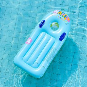 Inflatable Floating Pool Air Mattress Swimming Float Hammock Pelampung Tilam budak 漂浮床. Blue pink and yellow colors. Circular headrests. Text "HAPPY" and "A B C" visible. Outdoor setting.