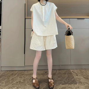 Shalldoer | Loose Casual Womens Set Summer Stripe Short Sleeve Shirt Elastic Waist Shorts Two Piece Set Simple Style Korean Version