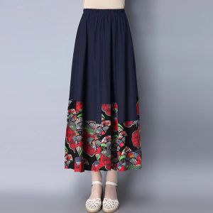 Chinese Printed Four Season Skirt Splicing National Style Womens Skirt Cotton and Linen Large Hem Womens Mid Length Skirt Retro and Simple