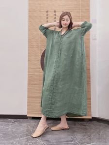 High Quality Linen Long Dress Womens Loose Casual Slimming Artistic Solid Color Gown V-neck A-line Summer New Arrival