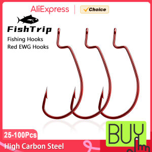 FishTrip Red EWG Hooks 25-100PCS Bass Fishing Offset Worm Hooks Freshwater Texas Rig Soft Plastics Worms Bait Fishing Hook