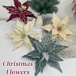 26cm Christmas Glitter Flowers Tree Decor Poinsettia Artificial Flower for New Year Wedding Holiday Decoration