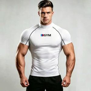 Summer Sports Tops Quick Dry Compression Mens High Neck Shirt Short Sleeve Second Skin Gym Workout Short Fitness Running T-Shirt