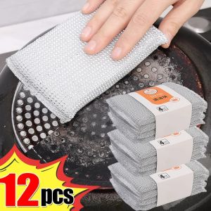 4/12pcs Steel Wire Dishwashing Sponges Double Sided Cleaning Sponge Non-stick Oil Kitchen Dishcloth Reusable Household Cleaning Tools