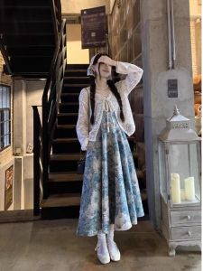 plus Size Summer Floral Print Lace Trim Halter Dress Womens Clothing Korean Style High Waist A-Line Midi Dress Two-Piece Set