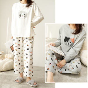 Ladies Pure Cotton round Neck Long Sleeve Sleepwear Pants Spring Autumn Style Comfortable Home Clothes Womens Fashion