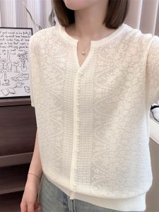 Viscose Ice Silk V-Neck Thin Knit Shirt for Women New Arrival Summer 2024 Short Sleeve T-Shirt Plus Size Womens Apparel