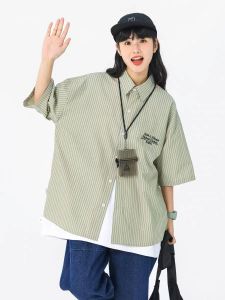 Stripes Short-Sleeved Shirt for Female Students Summer Japanese Trendy Loose Retro Bandage Dress Leisure Cargo Embroidered Shirt Tide