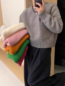 เสื้อสเวตเตอร์ถักสีเทาหลวมๆ สำหรับผู้หญิง ฤดูใบไม้ร่วง/ฤดูหนาว เสื้อสเวตเตอร์ถักแบบลำลอง แขนยาว ปกกลม อบอุ่น ใส่สบาย