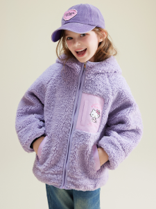 Sweet HelloKitty Girls Winter Thickened Lamb Fur Hooded Coat Childrens Printed Outerwear Polyester Fiber Long Sleeve Zipper