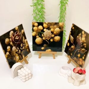 RUNABEE HIASAN DINDING KAYU 20X20CM FLOWER GOLD MINIMALIS ESTETIK BUNGA EMAS DECOR PAJANGAN POSTER