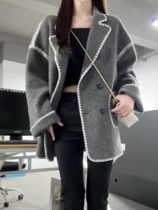 Oversized -style Grey Tweed Coat Winter