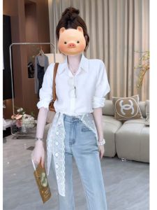 BINKAFENNY | White Lace Shoulder Wrap Shirt Coat Womens Long Sleeve Unique Beautiful Top Korean Style Straight Cut Commute Fashion 2025 New