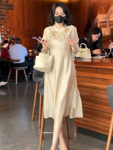 Spring Summer Slimming Embroidered Fairy Dress New Chinese Style National Trend Design Long A-Line Gown V-Neck Full Sleeve