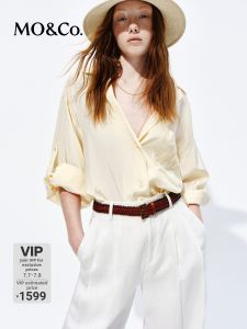 MO&Co. | Lightweight Cuban Collar Embroidered Sleeve Belt Shirt