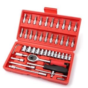 46 Pcs 1/4” Drive Socket Ratchet Wrench Set with Storage Case Includes Metric Bit Socket Set and Extension Bar for Auto Repair