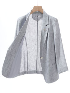 YIMUZI | Gray Summer Linen Blazer Thin Mid-Sleeve Casual Jacket For Petite Women