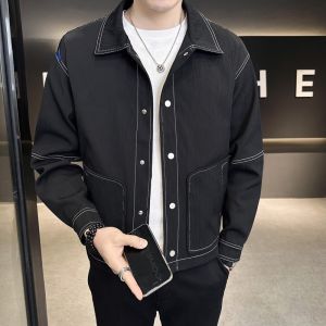 ROMON | Lormen Mens Denim Jacket Collared Workwear Fashionable Trendy Spring Autumn Korean Style Loose Fit Long Sleeve Button Up