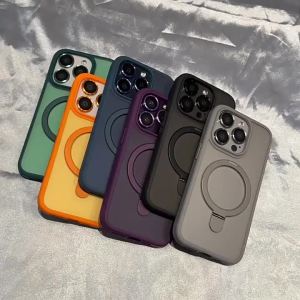 Luxury Metal Holder Magnetic Wireless Charge Phone Case For iPhone 11 12 13 14 15 16 17 Pro Max Air Plus Shockproof Matte Cover