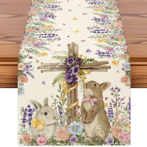 Spring/Summer style table runner with cross and Easter bunny flower Spring/Summer kitchen table decoration
