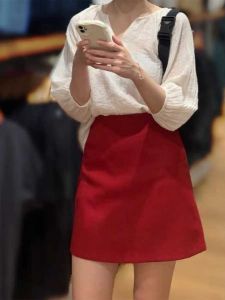 Váy Ngắn Chữ a Cạp Cao Màu Đỏ Tươi Dáng Rộng Dáng Chữ a Váy Ngắn Mùa Hè Màu Đỏ Chính Hiệu COOLLINE Lin