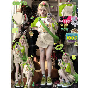 American Sweetheart Dopamine Fluorescent Green Contrast Color Raglan Short Sleeve T-Shirt Womens Summer Cute Korean Style Preppy Style Top