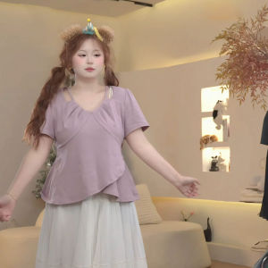 Áo Thun Cổ Chữ V Tay Ngắn Không Đều Màu Sắc Phong Cách Hàn Quốc Mùa Hè Mới Cho Nữ Cỡ Lớn Thiết Kế Khoét Rỗng Không Đều