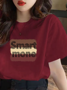 Áo Thun Cotton Màu Đỏ Rượu Vang Cổ Tròn Dáng Rộng Tay Ngắn Mùa Xuân 2024 Phong Cách Hàn Quốc in Họa Tiết Thời Trang