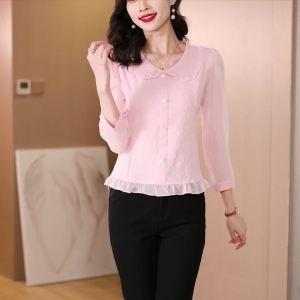 AMMIN 2024 Autumn New Sweet ruffled hem lapel Fashion Delicate Heart-shaped jacquard chiffon shirt Womens short style long sleeve elegant blouse