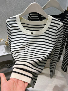 เสื้อชั้นในถักผ้าขนสัตว์สำหรับผู้หญิง แขนยาว คอเหลี่ยม ทรงสลิมฟิต ลายทาง เสื้อชั้นในฤดูใบไม้ร่วง/ฤดูหนาว เสื้อชั้นในสำหรับผู้หญิง