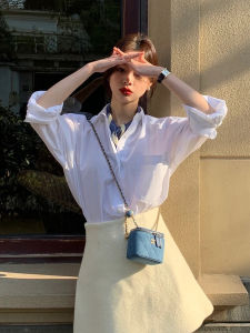 White Cotton Casual Shirt Womens Spring Autumn Layering Loose Personality Long Sleeve Pure Color Commute Style Korean Version