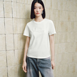 PEACEBIRD | Contrast Color Velvet Letter Pattern Short Sleeve T-Shirt Women