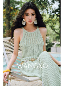 WANGXO | Bộ Áo Thun & Chân Váy Có Họa Tiết Sọc Dạng Sóng Rỗng Thêu Ren 24 Sợi Gai Băng