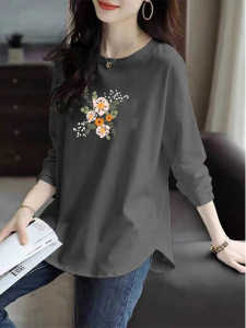 100% Pure Cotton Long Sleeve Base Layer T-Shirt Loose Fit Casual Style Spring Autumn plus Size Slimming Top Floral Print round Neck