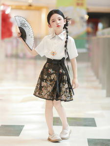 Summer Short Thin Jacquard Girls Cheongsam Set Childrens Hanfu Style Tang Suit Butterfly Dance QingZhi Brand Polyester Fiber