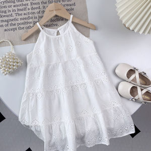 ชุดเดรสสำหรับเด็กอายุ2-7ปีชุดเดรสยาวปานกลางฤดูร้อนสำหรับเด็กผู้หญิงทารกเดรสเปิดแผ่นหลังสไตล์วันหยุดสีขาว