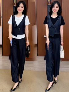 YOUFAN | Stylish Denim Suit Fake Two-Piece Short Sleeve Wide Leg Pants Summer