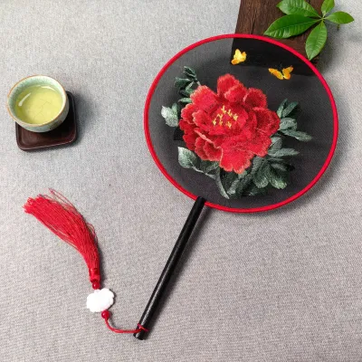 Double-Sided Embroidered Peony Dance Fan Traditional Chinese Style Horse Face Skirt Accessory Performance Fan Home Decor