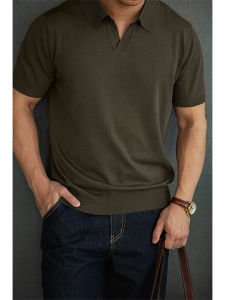 Retro American Style Knitted Polo Shirt with Lyocell Short Sleeve Turn-down Collar Italian Polo Summer Mens Clothing